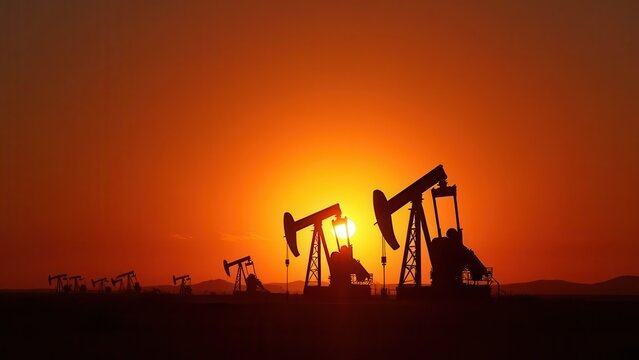 silhouette oil pumpjacks at sunset desert field energy crisis and crude price rise concept