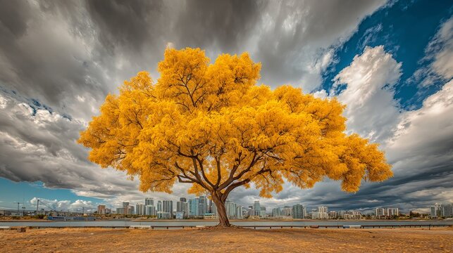 A large yellow tree stands alone in a field with a city skyline in the background under a cloudy sky