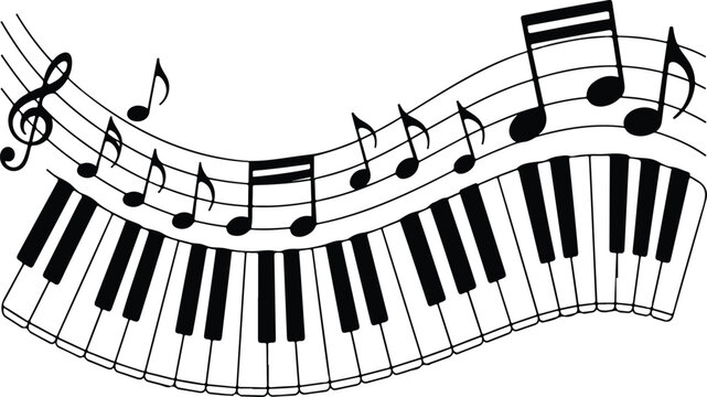 Minimalist black and white illustration of piano keyboard with flowing musical notes rising upward in dynamic curved composition