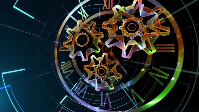 A surreal cosmic clock with rotating gears floats within a glowing galaxy, symbolizing the infinite flow of time, universal motion, and the connection between mechanics and the cosmos.
