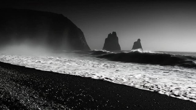 Dramatic monochrome seascape showing powerful waves crashing on a black sand beach with dramatic rock formations in the distance