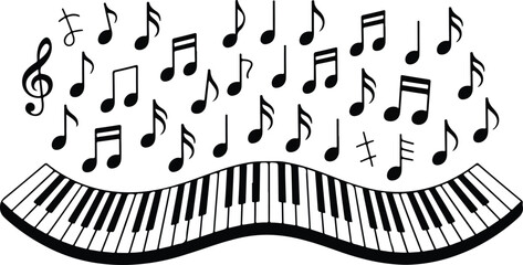 Minimalist black and white illustration of piano keyboard with flowing musical notes rising upward in dynamic curved composition © Mehg