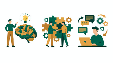 Professional business strategists and project managers collaborating with brain idea icons, puzzle pieces and laptop workspace, concept for corporate innovation, partnership and workflow