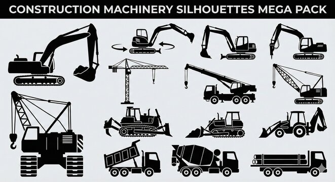 Mega pack of construction machinery silhouettes featuring excavators, cranes, bulldozers, and trucks