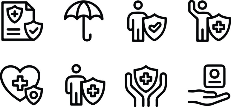 Minimalist black and white healthcare protection icon set with eight safety symbols arranged in clean 2x4 grid composition
