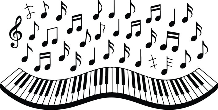 Minimalist black and white illustration of piano keyboard with flowing musical notes rising upward in dynamic curved composition