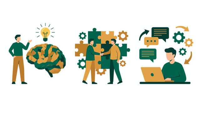 Professional business strategists and project managers collaborating with brain idea icons, puzzle pieces and laptop workspace, concept for corporate innovation, partnership and workflow