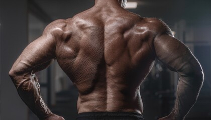Obraz premium Powerful cinematic shot of a bodybuilders muscular back, showcasing intense muscle definition and peak physical form. Perfect for fitness blogs, gym ads, and professional workout guides.