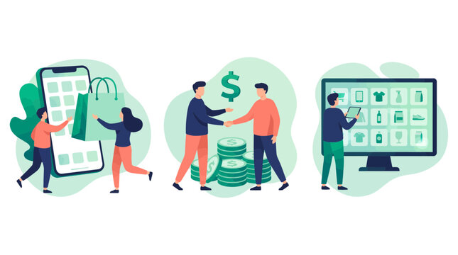professional account managers and businessmen closing deals with mobile shopping and digital store inventory, concept for e-commerce marketing, corporate partnership and financial growth