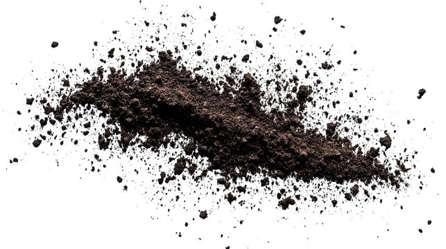 Dark, clumpy soil pile with scattered particles against a black background