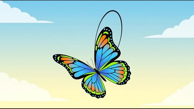Colorful Butterfly Flying in a Blue Sky with Clouds