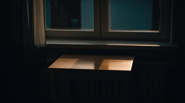silent. Moonlight streaming through a window onto an empty wooden desk, creating a serene and contemplative late-night atmosphere. wellbeing guides.