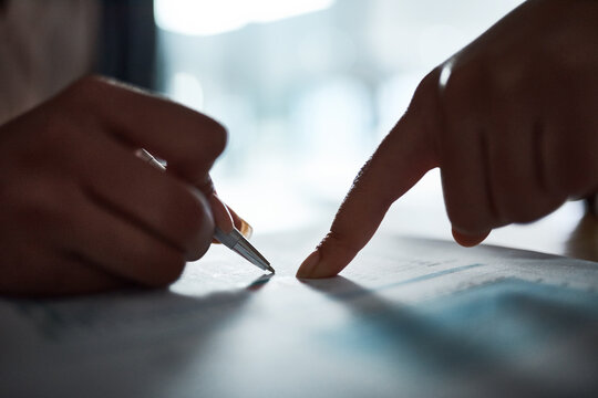 Pointing, sign or hands of people with contract, lease property agreement or subletting renewal process. Rental application, legal form or realtor with client at real estate agency, terms or policy