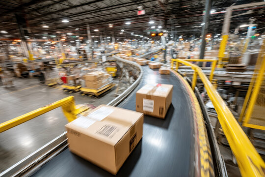 Boxes travel on a conveyor belt in a distribution warehouse, ready for shipping and delivery, symbolizing logistics and a busy fulfillment center