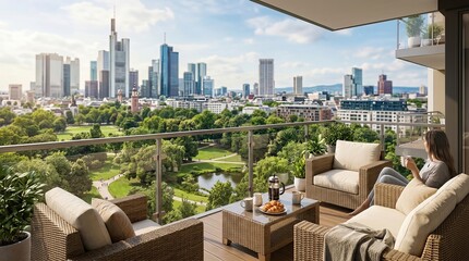 Obraz premium Relaxing outdoor terrace overlooking a blurred city skyline at daytime.