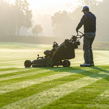 A professional groundskeeper meticulously mows a lush golf course green during a misty sunrise. This serene image evokes precision, dedication, and preparation for the perfect game.