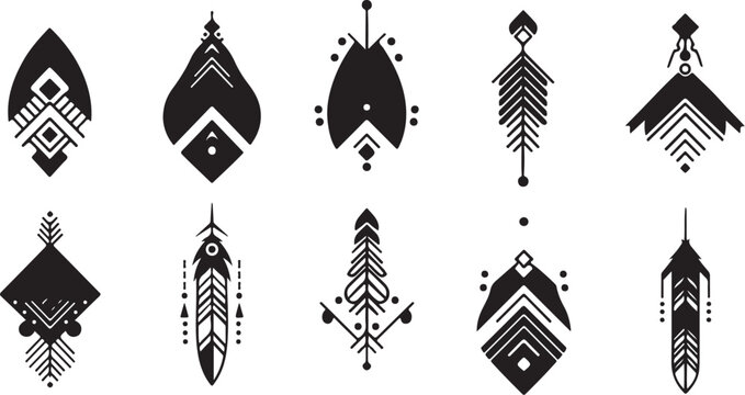 Tribal feather icons, black and white vector set, 10 ethnic design elements, bohemian style graphics