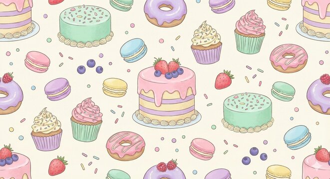 Seamless pastel dessert pattern featuring cute hand-drawn cakes, cupcakes, donuts, macarons, and berries