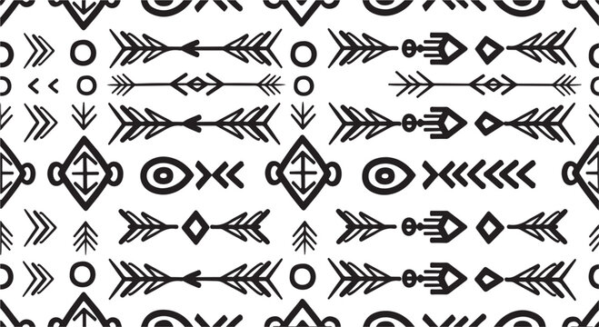 Black and white tribal arrow pattern, geometric seamless design, bohemian vector icons, abstract background