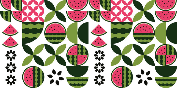 Geometric watermelon pattern set with abstract shapes and fruit elements seamless modern background for packaging textile and decorative design