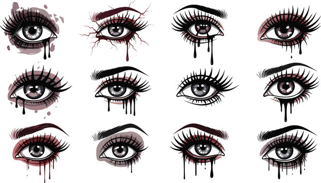 Gothic Horror Eye Collection with Dripping Ink Blood Splatter Dark Makeup and Melting Eyeliner Vector Illustration SetGothic Horror Eye Collection 