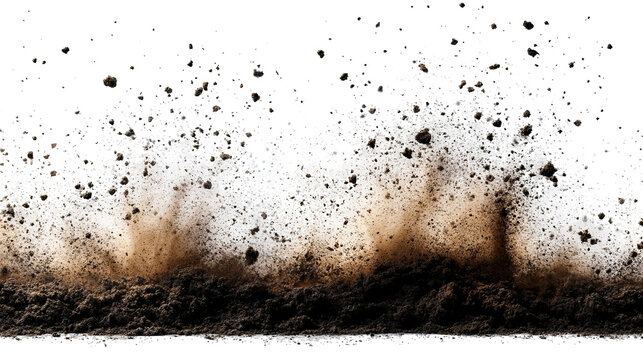 Dynamic abstract view of erupting ground with flying dirt and dust against a dark background