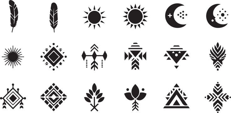 Tribal, bohemian icons, 20 black and white symbols, vector graphics, sun moon feather designs