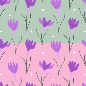 Seamless floral pattern with crocuses. Vector color flower illustration. Good for textile, backgrounds, fabric and wallpapers. Two color variations