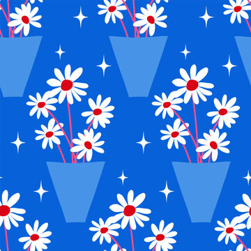 Seamless floral pattern with flowers vase. Vector color flower illustration of chamomile. Good for textile, backgrounds, fabric and wallpapers.