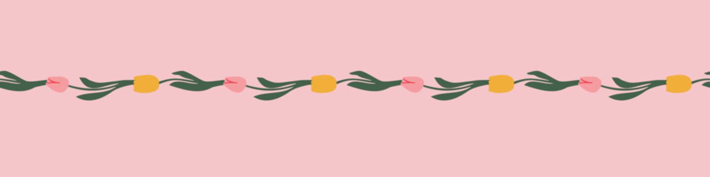 Seamless floral border with tulips. Vector color flower border. Good for postcards, covers, decoration and textile