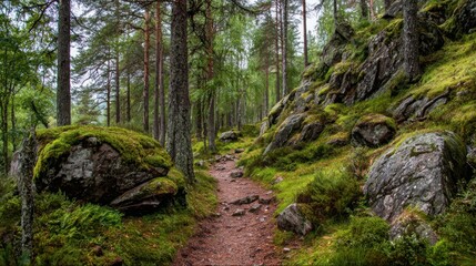 Fototapeta premium A winding forest trail covered in moss and fallen pine needles, inviting exploration through a vibrant woodland landscape