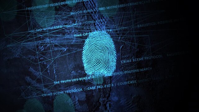 A glowing blue biometric fingerprint is analyzed with scrolling forensic text and coordinates. Perfect for cybersecurity documentaries, spy thrillers, and crime investigation.