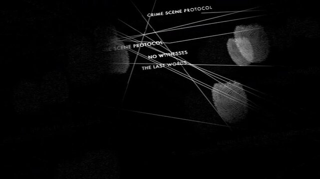High-contrast monochrome display featuring fingerprints linked by investigation lines and case notes. Ideal for mystery trailers, noir spy thrillers, and criminal justice.