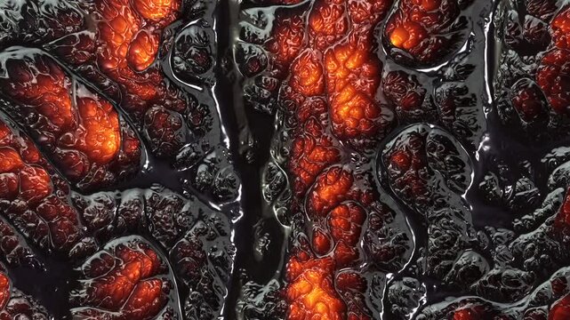 Intense heat radiates from a dark, viscous molten texture with glowing red and orange cracks. Suitable for sci-fi environments, alien biology, or industrial melting processes.
