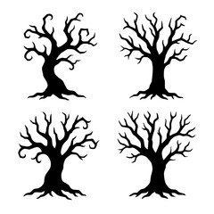 Fototapeta premium Four stark silhouettes of leafless trees, each uniquely twisted with gnarled branches and spreading roots.