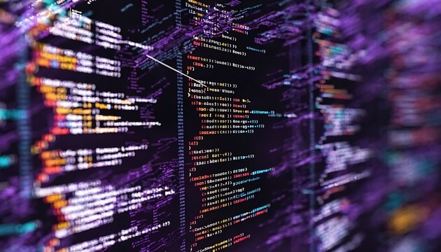 Coding programming developing typing script source languages symbols project data software engineering IT technology computer abstract screen background.High quality