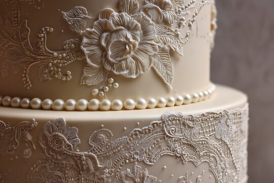 A vintage lace wedding cake with detailed embossing and pearl bead accents 