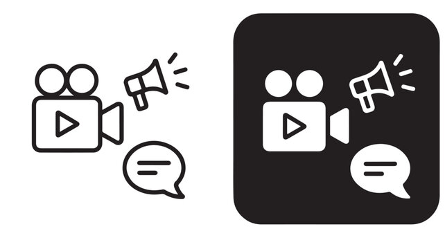 Social Media Icons Video Camera Megaphone Speech Bubbles Minimalist Black and White Vector Set