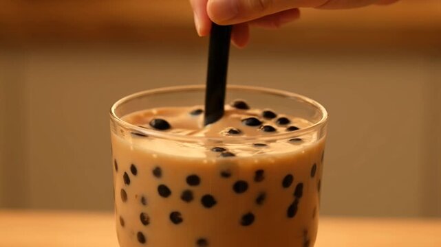 Milk tea bubble drink glass straw hand closeup bubble tea tapioca pearl iced drink sweet beverage dessert refreshment asian creamy cafe bubble pearl boba cold black straw