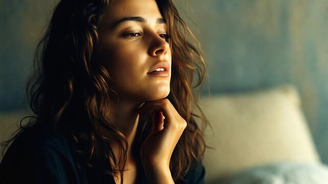 Pensive woman soft light natural beauty curly hair thoughtful mood dreamy look young adult indoor portrait warm tone relaxed pose emotional melancholy lonely moody introspective close up sad
