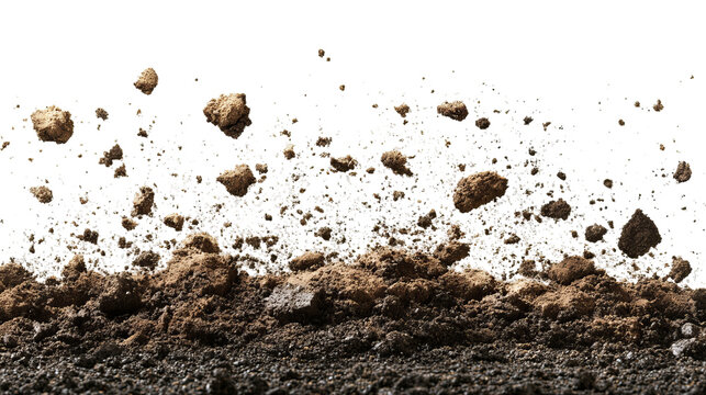 Earth and scattered rocks against black background. Close-up of soil disturbance