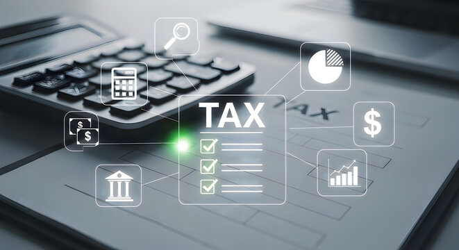 Tax calculation concept with digital icons over financial documents and office calculator.