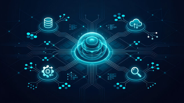 Abstract Digital Network Concept Featuring Centralized Data Processing and Connectivity Icons