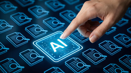 Fototapeta premium Human Hand Selecting Artificial Intelligence Icon for Automated Digital Data Analysis