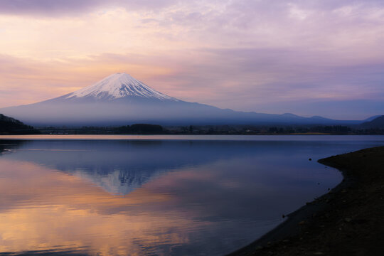 Mount Fuji reflected on Lake.