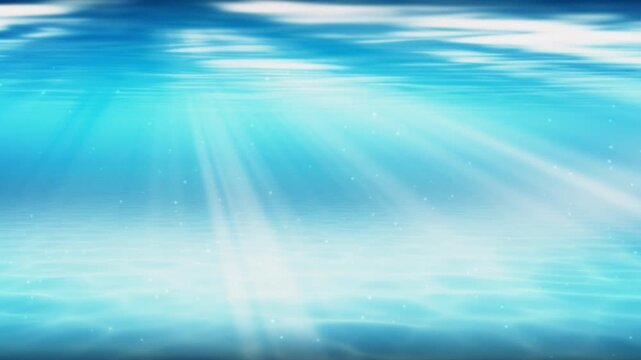 A refreshing seamless loop of bright cyan underwater aqua water. Intense sun light prelamation and caustics patterns shining on the clean pool or tropical ocean floor. High quality 3D render.