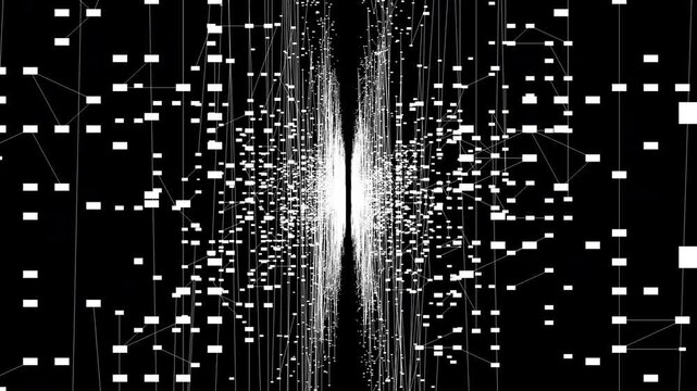 A 4k symmetrical perspective of white data points and nodes moving through a virtual tunnel. Best for server room concepts, VR environments, and cloud computing visuals.