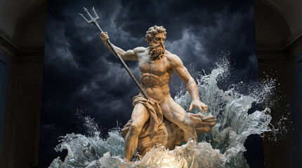 Obraz premium Neptune Statue in Crashing Waves, God of the Sea, Ocean Storm