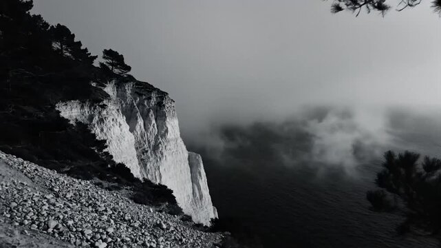 Dramatic black and white view of the stunning chalk cliffs, rugged shoreline, and misty sea, framed by silhouetted trees