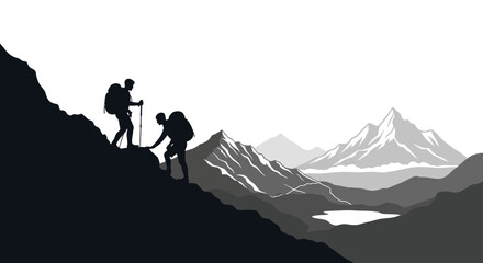 Obraz premium Two hikers ascending mountain silhouette against scenic landscape